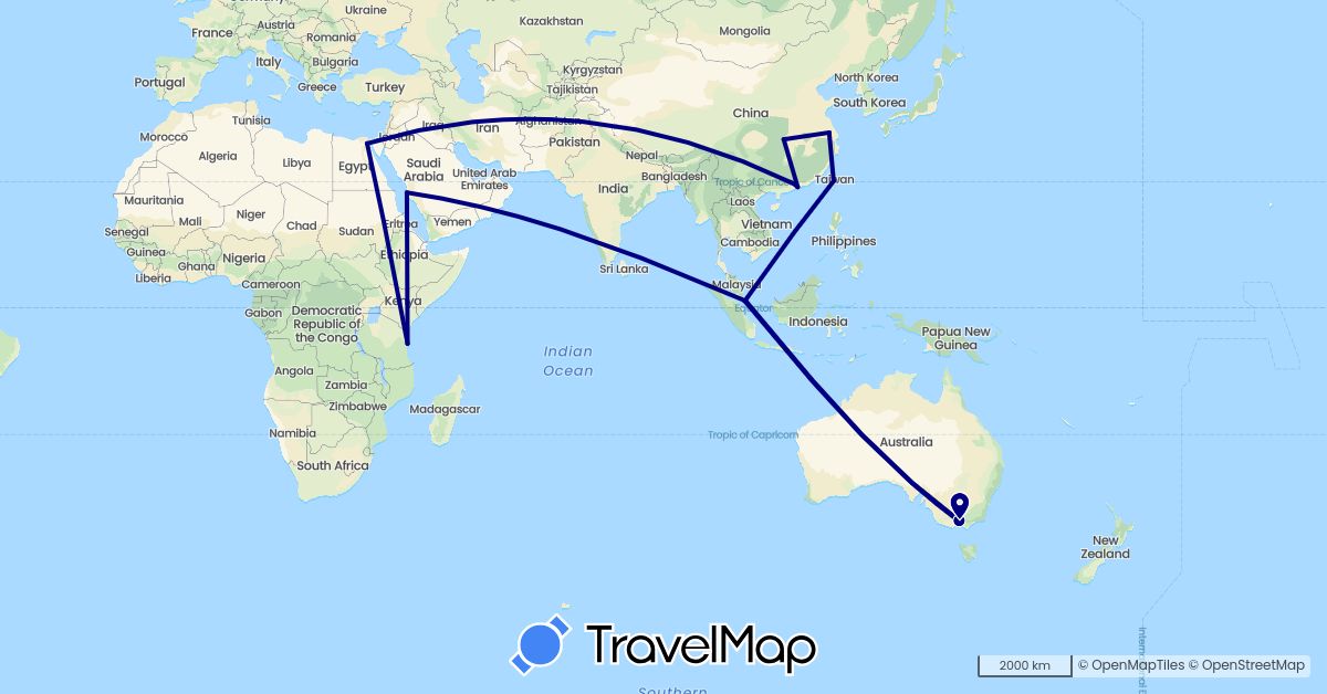 TravelMap itinerary: driving in Australia, China, Egypt, Saudi Arabia, Singapore, Taiwan, Tanzania (Africa, Asia, Oceania)