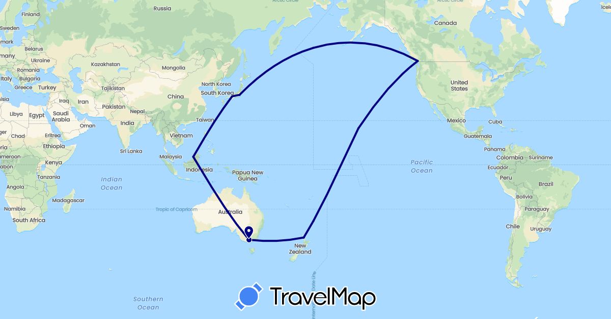 TravelMap itinerary: driving in Australia, Brunei, Canada, Japan, New Zealand, United States (Asia, North America, Oceania)